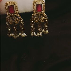 Elegant Gold and Red Dangle Earrings